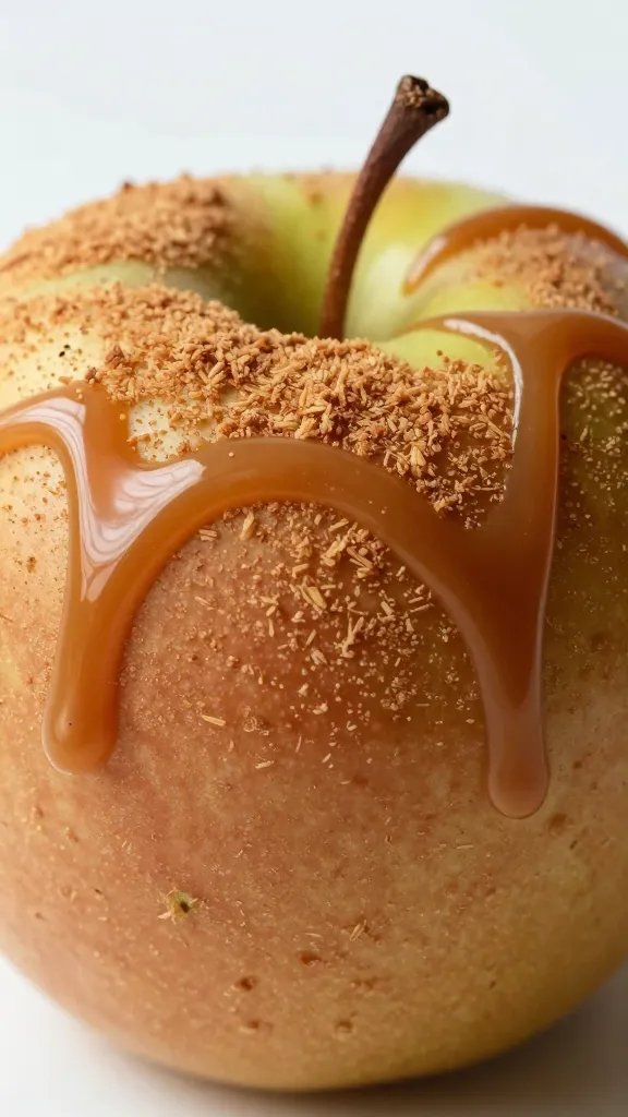single cinnamon-dusted apple closeup with caramel drizzle backdrop