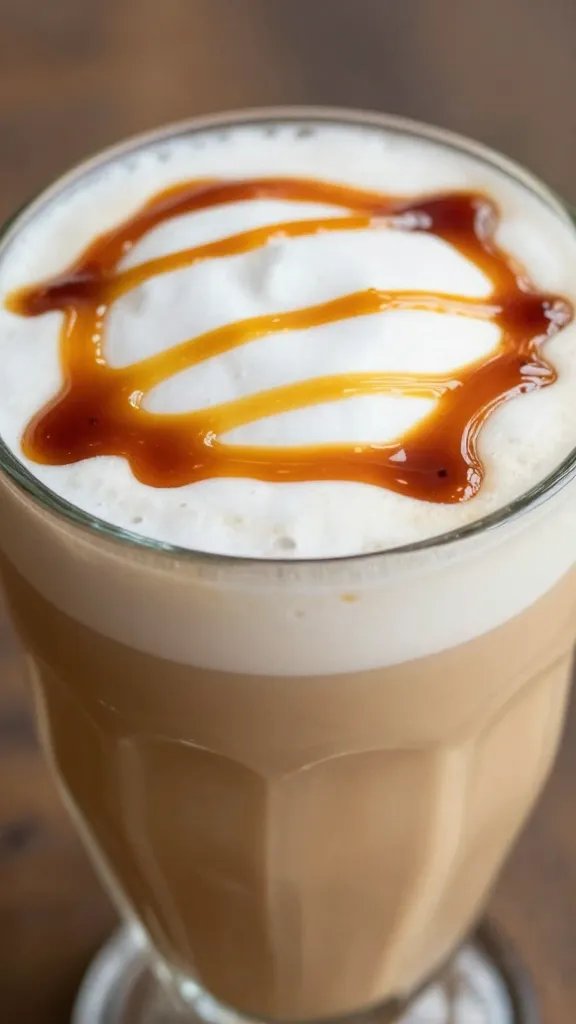 closeup of caramelized maple latte shake glass with drizzle