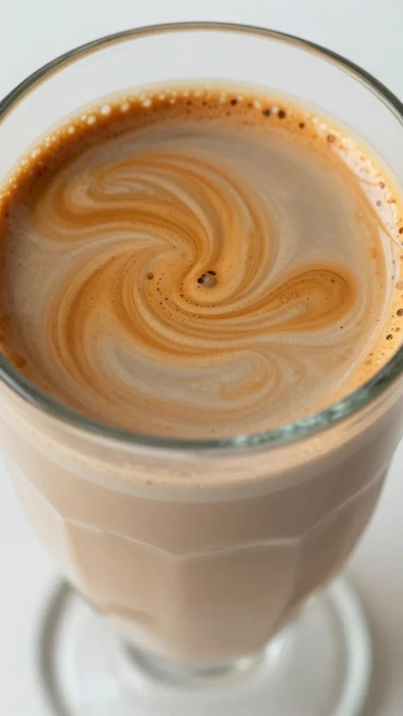 closeup espresso crema swirl in glass milkshake