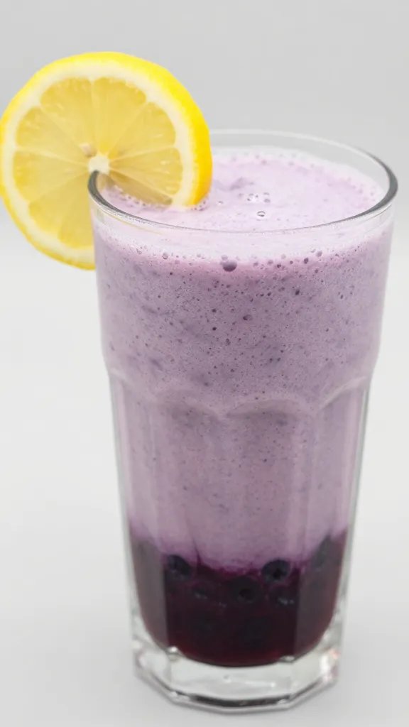Closeup of a blueberry lemonade smoothie glass with lemon slice garnish