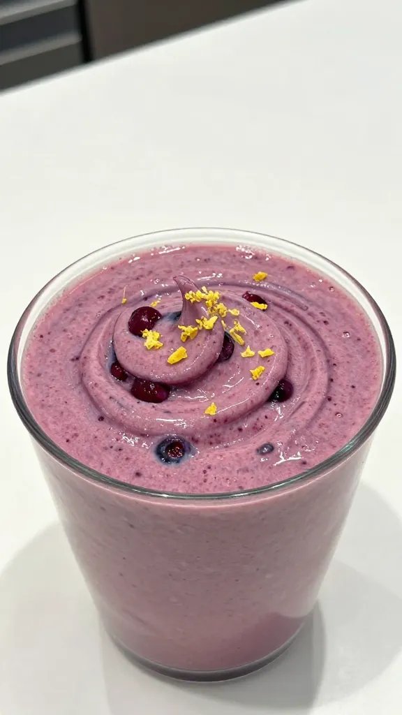 Closeup of blueberry smoothie swirl on white countertop, lemon zest dusting