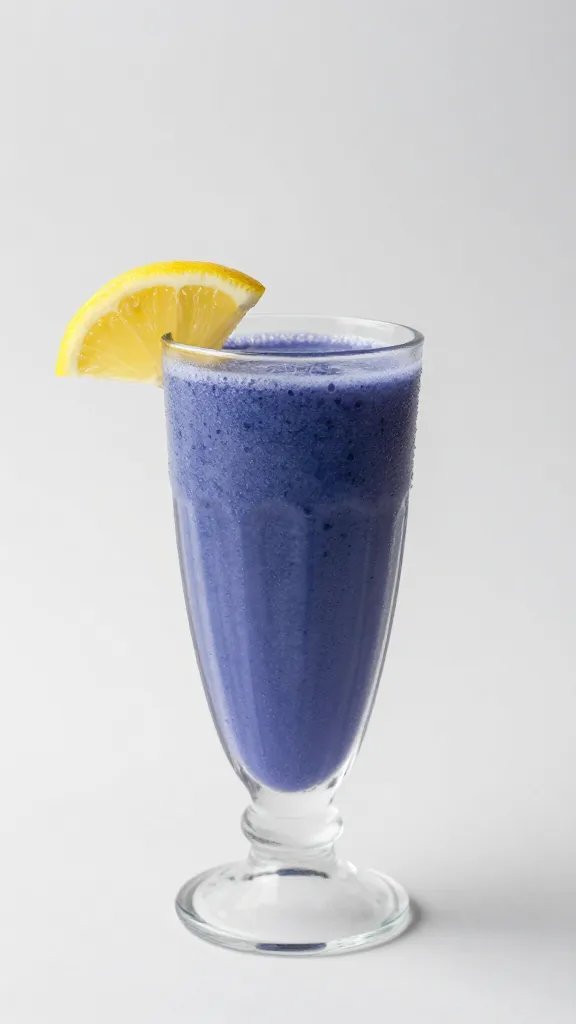 Mid-shot of single frosted glass of blue-purple smoothie with lemon wedge, plain background