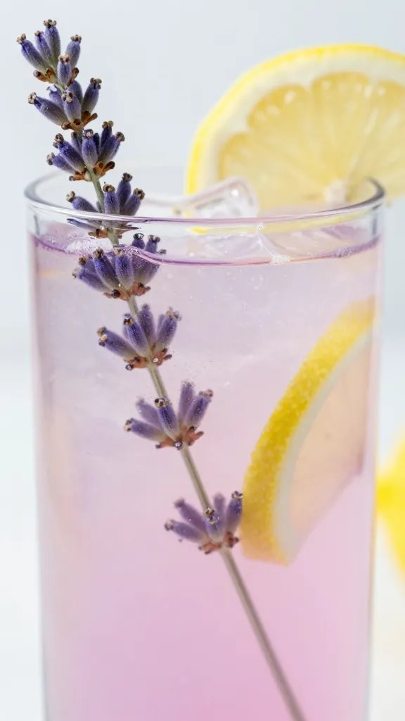 Closeup of a glass honey lavender lemonade with a sprig of lavender and lemon slice