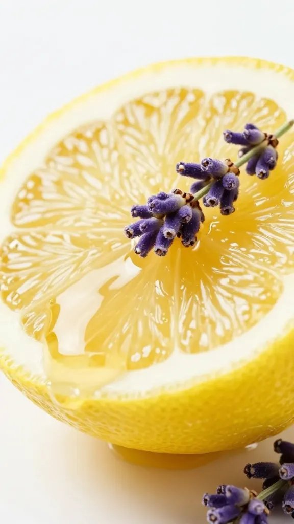 Closeup of a single lemon half with honey dip and lavender sprigs