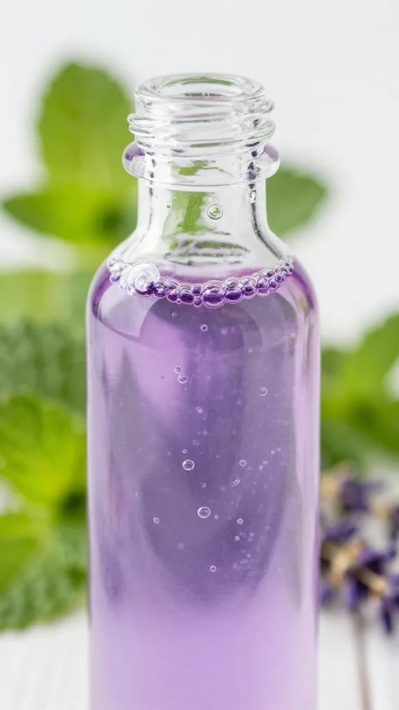 Closeup of a glass bottle of lavender syrup with delicate bubbles and mint blur background