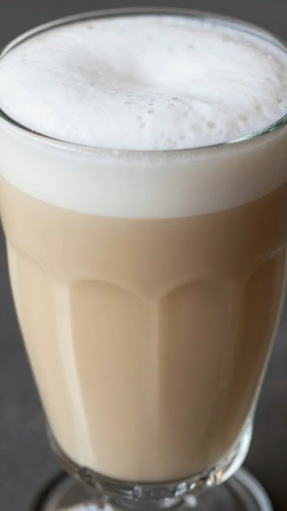 closeup of a creamy horchata latte in a clear glass cup