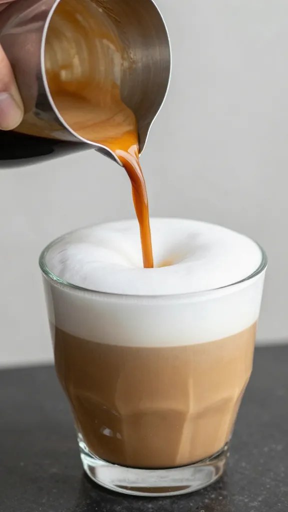 closeup of espresso pouring into horchata latte in glass