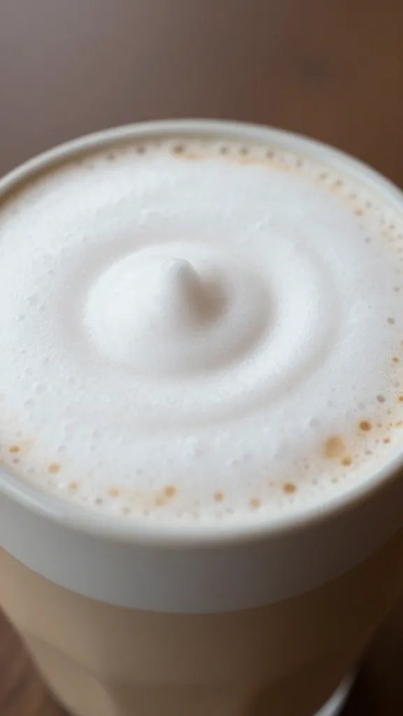 closeup of frothy horchata latte crema on top in ceramic cup