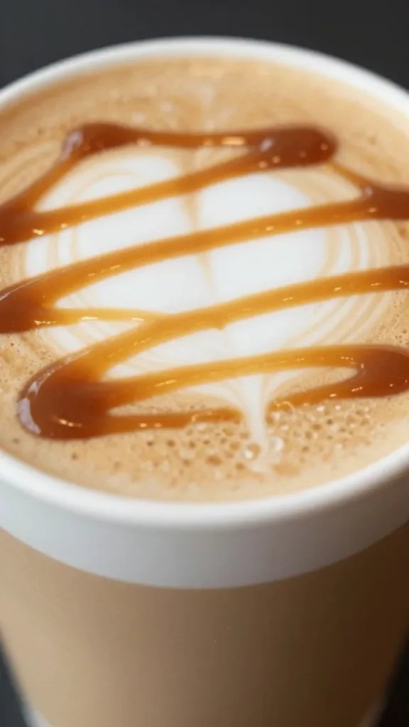 Closeup of caramel drizzle on a single Carameloca latte cup