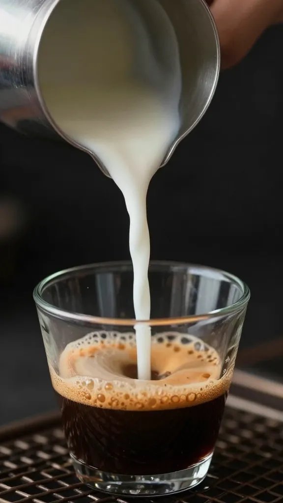 Focused shot of a single espresso shot pouring into milk