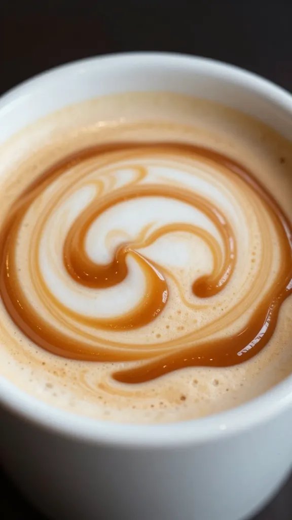 Closeup of a single mug with caramel swirl on creamy latte surface