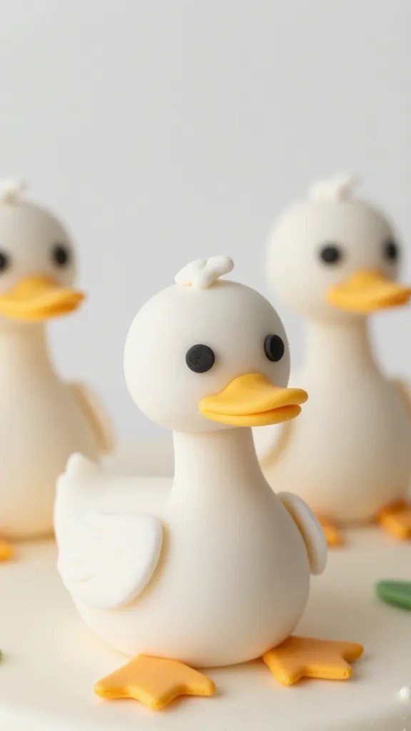 closeup shot of fondant duck toppers on cake