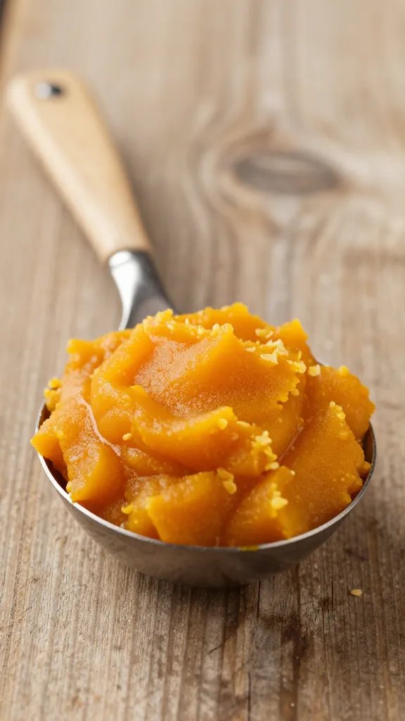 Closeup of pumpkin puree scoop on rustic wooden surface