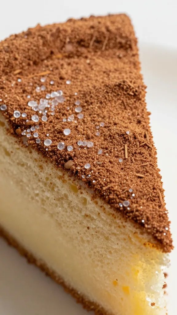 Closeup of cinnamon dusted top with sugar crystals on cake slice