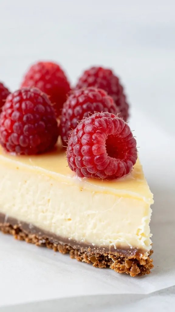 Closeup of raspberry cheesecake bar slice on parchment paper