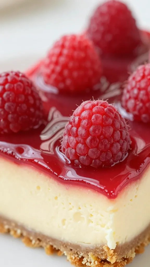Closeup of glossy raspberry swirl topping on cheesecake bar