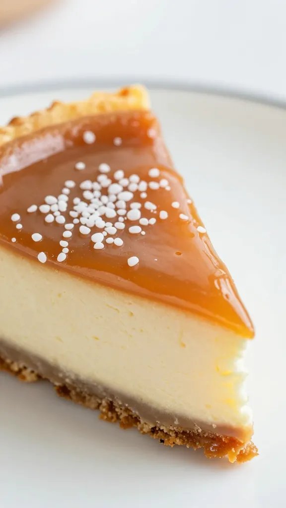 Closeup of salted caramel cheesecake slice on plate, focus on salted top crack