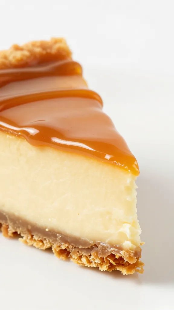 Closeup of graham crust edge with caramel drizzle, single cheesecake segment