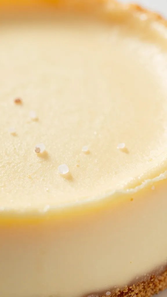 Intimate shot of creamy cheesecake filling with salt crystals, macro, soft lighting