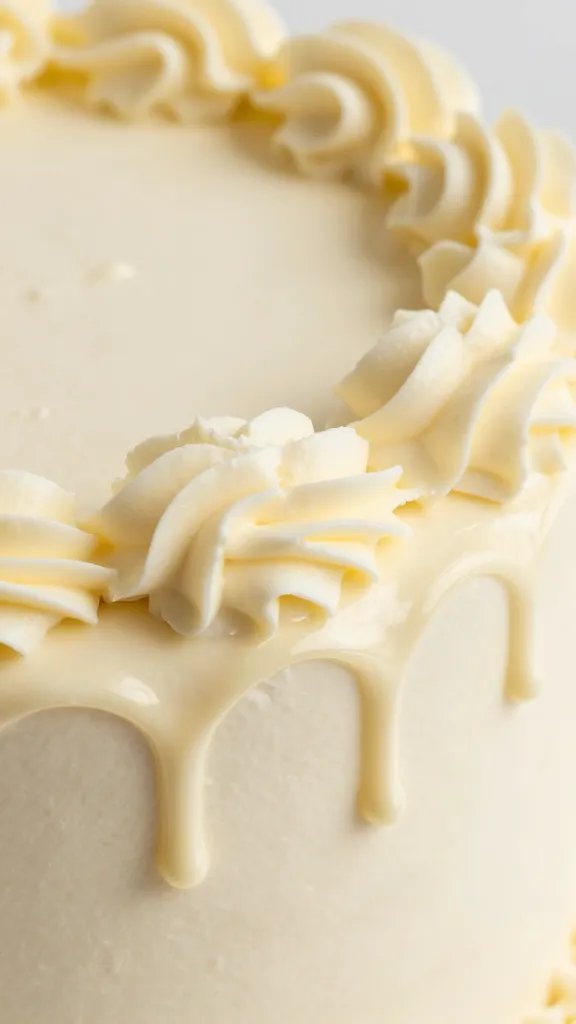 closeup of cream cheese frosting glossy drip on cake edge