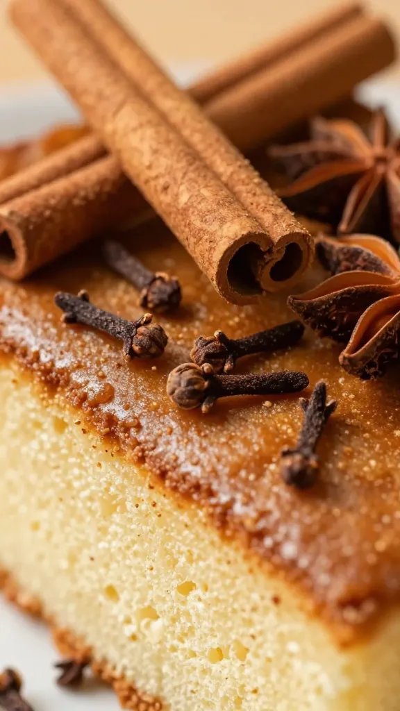 closeup of warm fall spices (cinnamon, nutmeg, cloves) sprinkled over cake slice