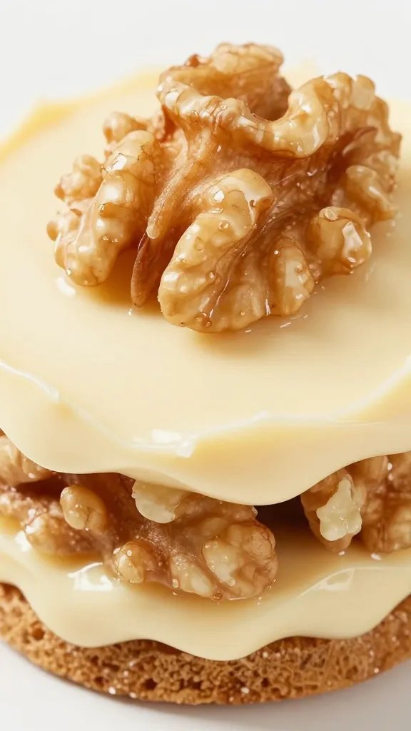 Single walnut-hazelnut layer with buttercream edge closeup