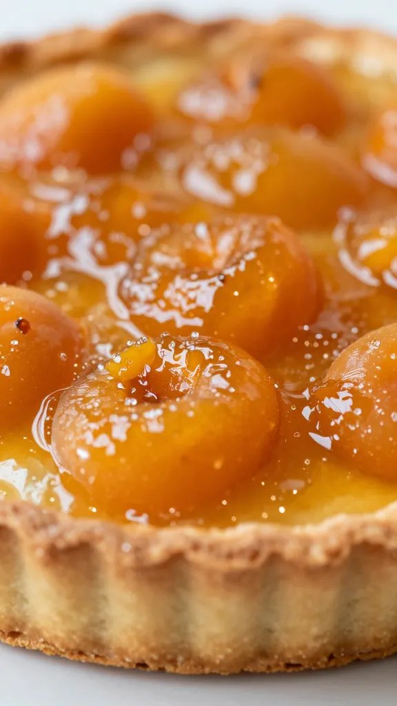 Focused shot of apricot jam glaze sheen on torte surface