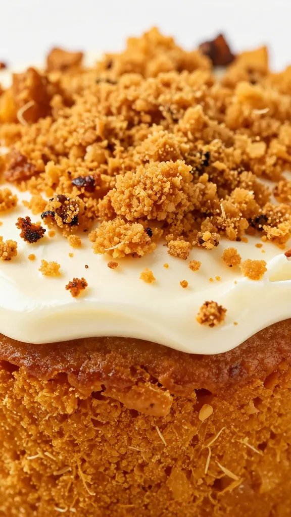 closeup of roasted sweet potato cake crumb with cream cheese frosting