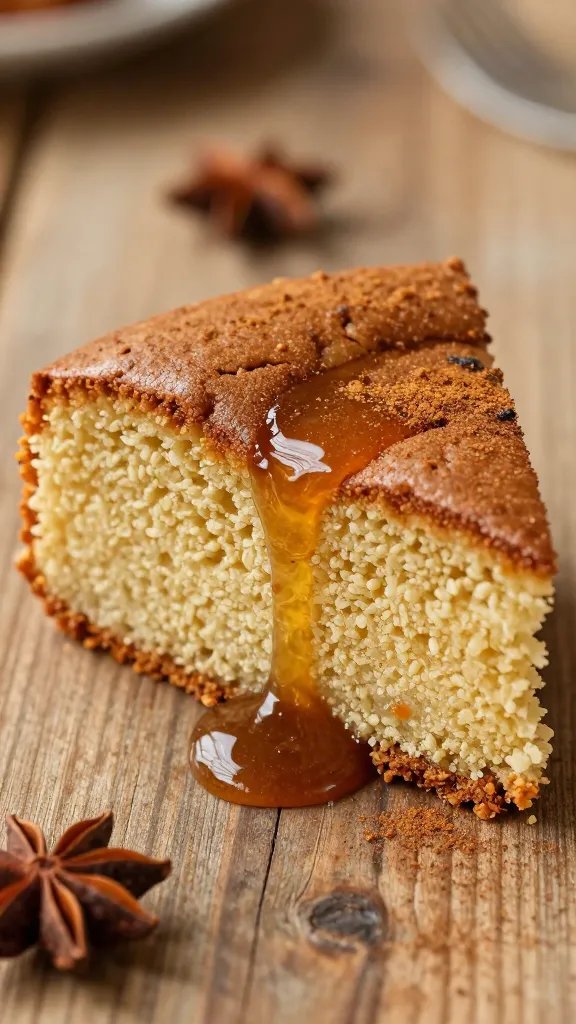 closeup of gooey cake slice on rustic wood, warm spices dusting