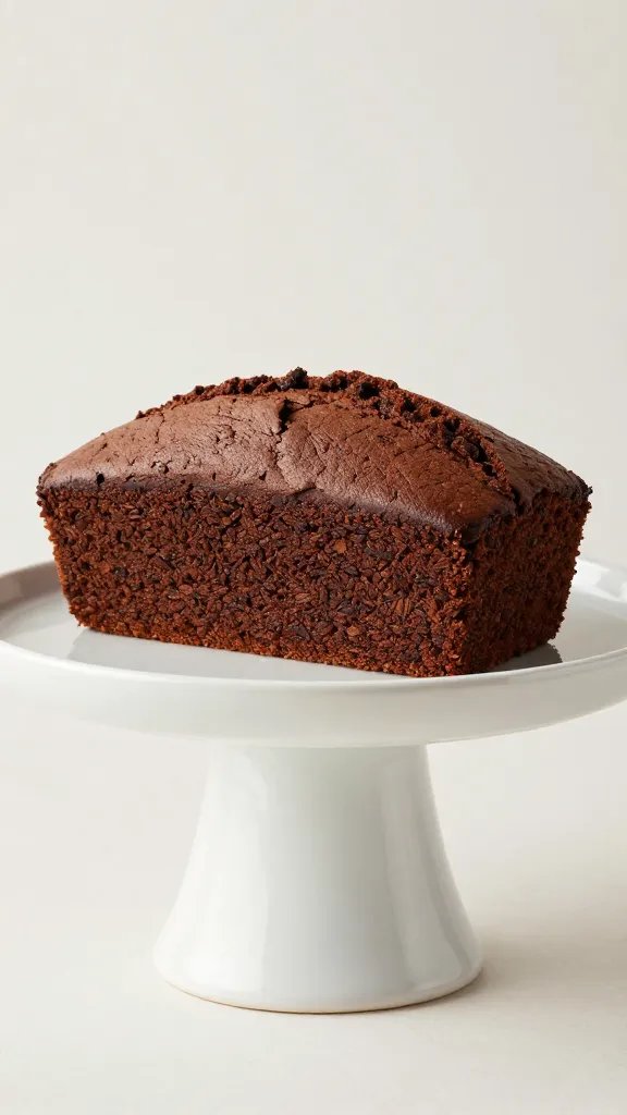 single cake loaf on elegant pedestal, rich cocoa crumb visible