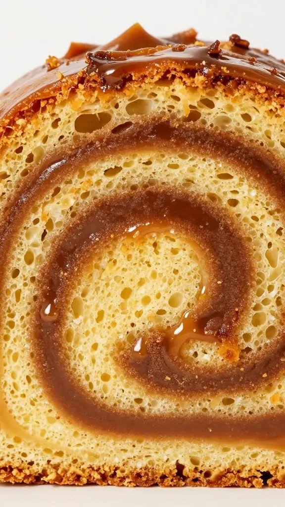 closeup of caramelized cinnamon swirl cake interior slice