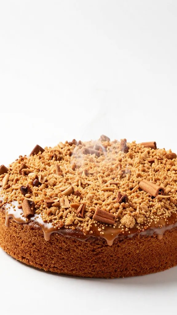 single cinnamon streusel topping on cake surface, steam rising, studio light