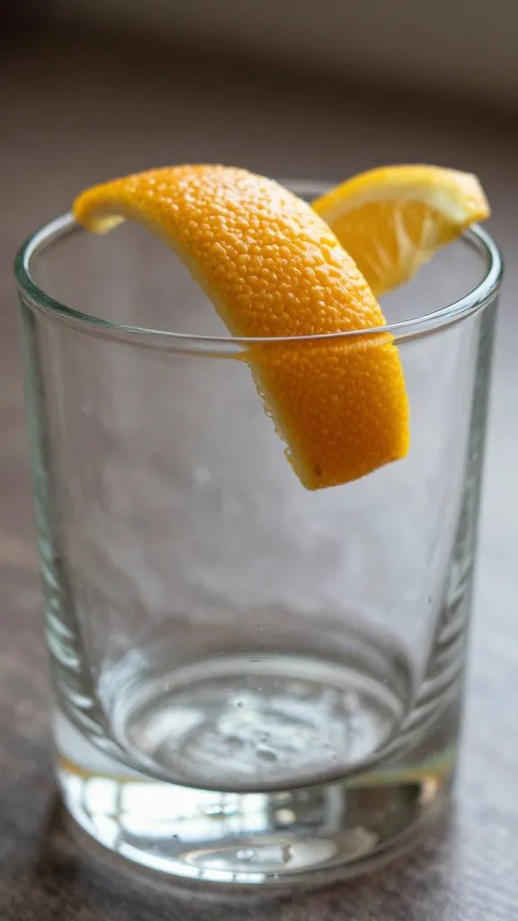 closeup of vintage punch glass with citrus twist garnish