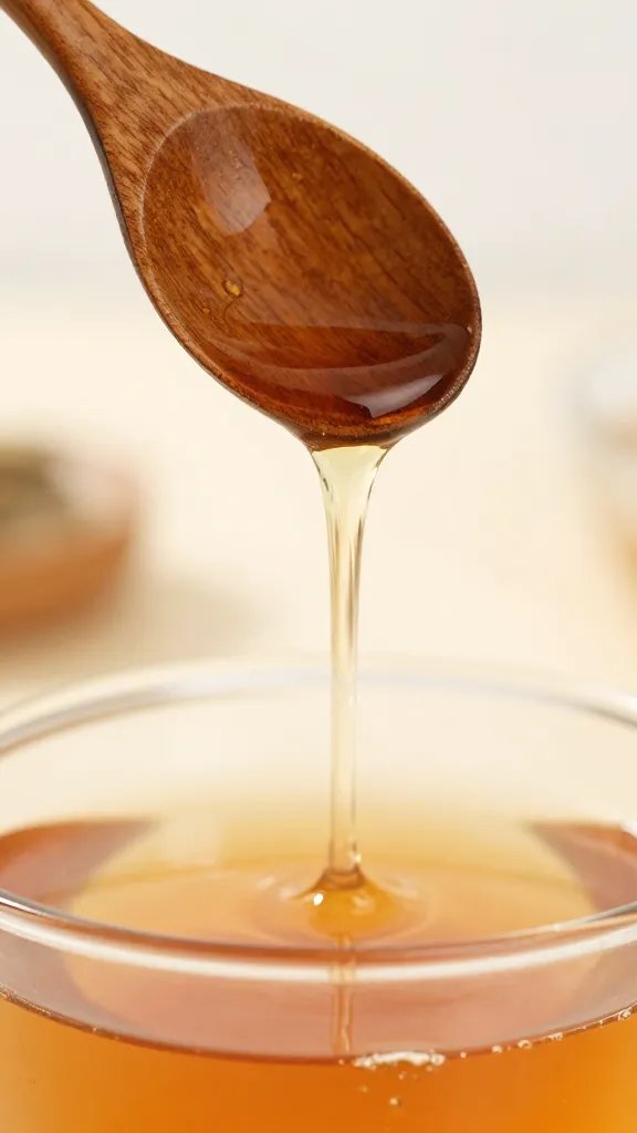 closeup of aged syrup drip from wooden spoon into punch