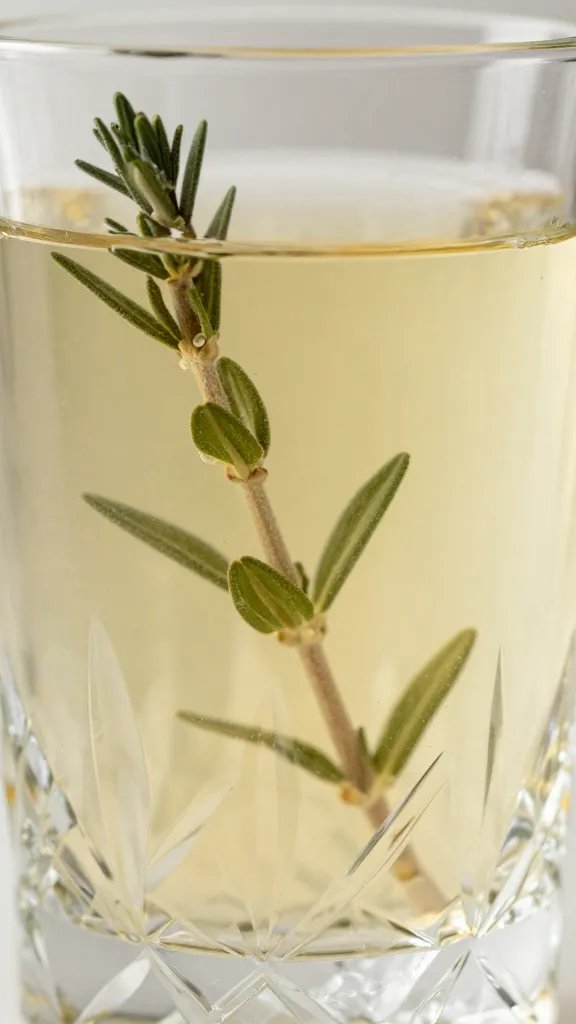 closeup of herb sprig infusing vintage punch in crystal glass