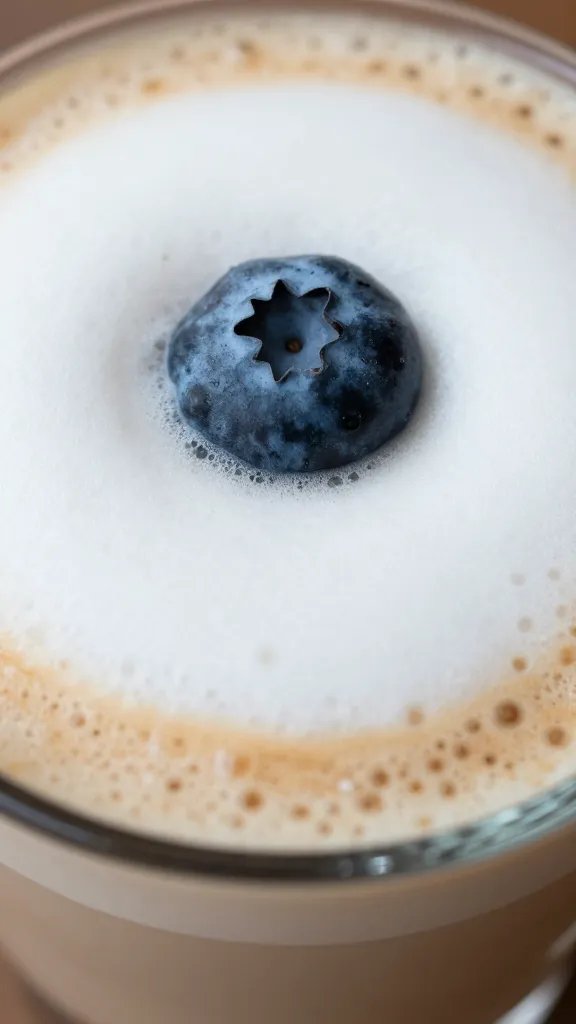 Closeup of single blueberry garnish resting on frothy latte top