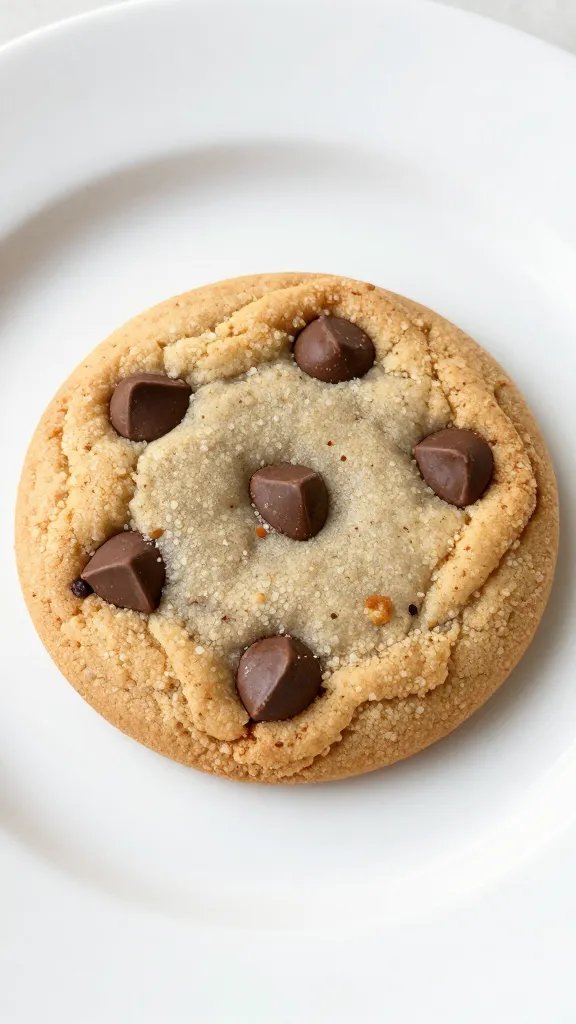 Closeup of a single chocolate chip cookie on a white plate
