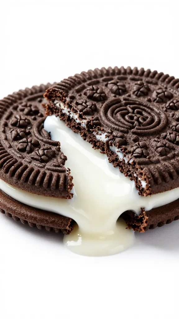 Closeup of a single Oreo-style cookie half-dipped in milk