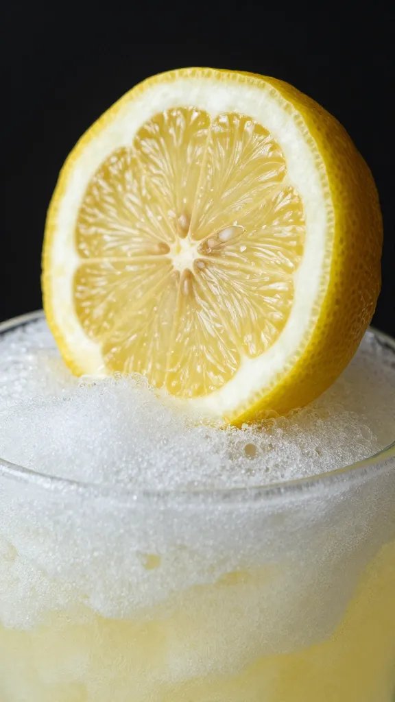 Macro shot of a lemon wedge perched on a frosted slushy surface