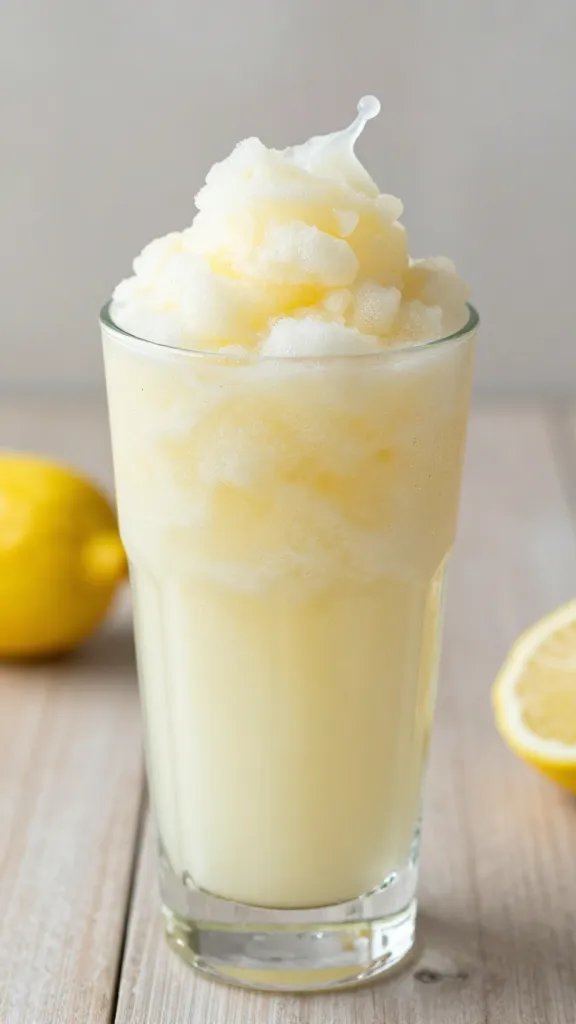 Focused image of a tall glass with creamy corn lemonade slush splash