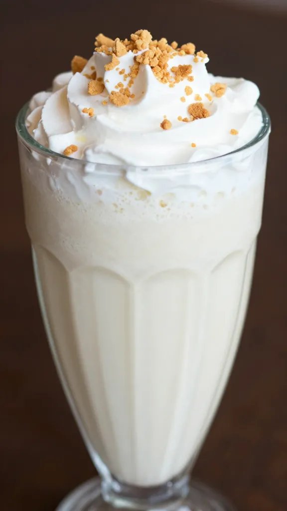 closeup of vanilla strawberry cheesecake milkshake glass with cookie crumbs