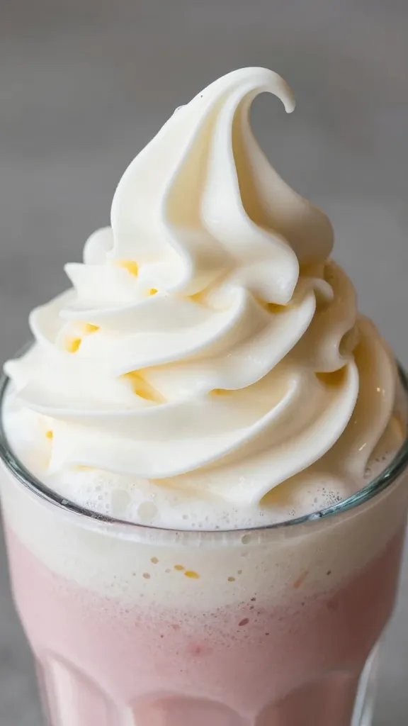 closeup of frothy vanilla strawberry cheesecake milkshake swirl