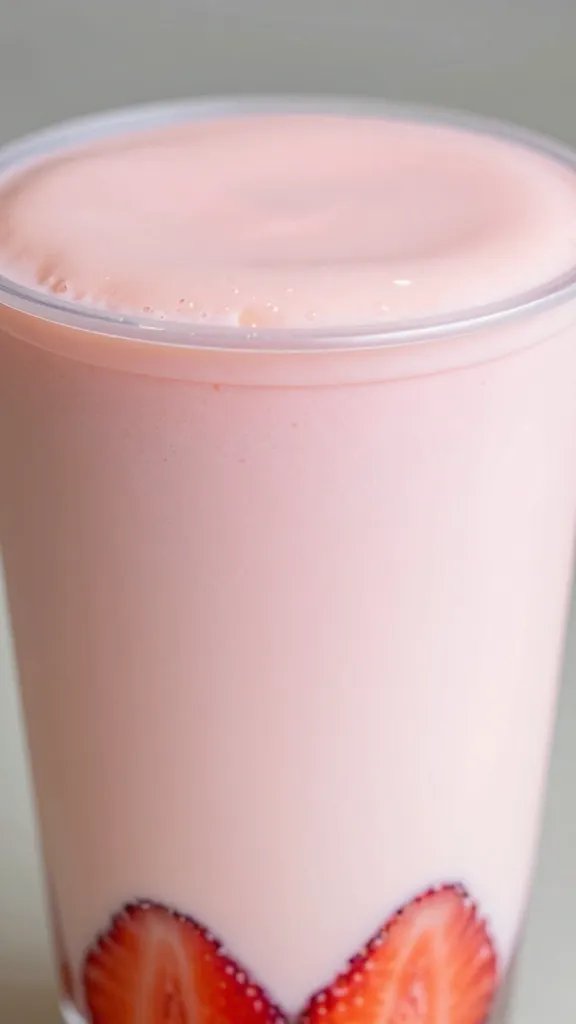 closeup of glossy strawberry cheesecake milkshake with pink gradient cup lid