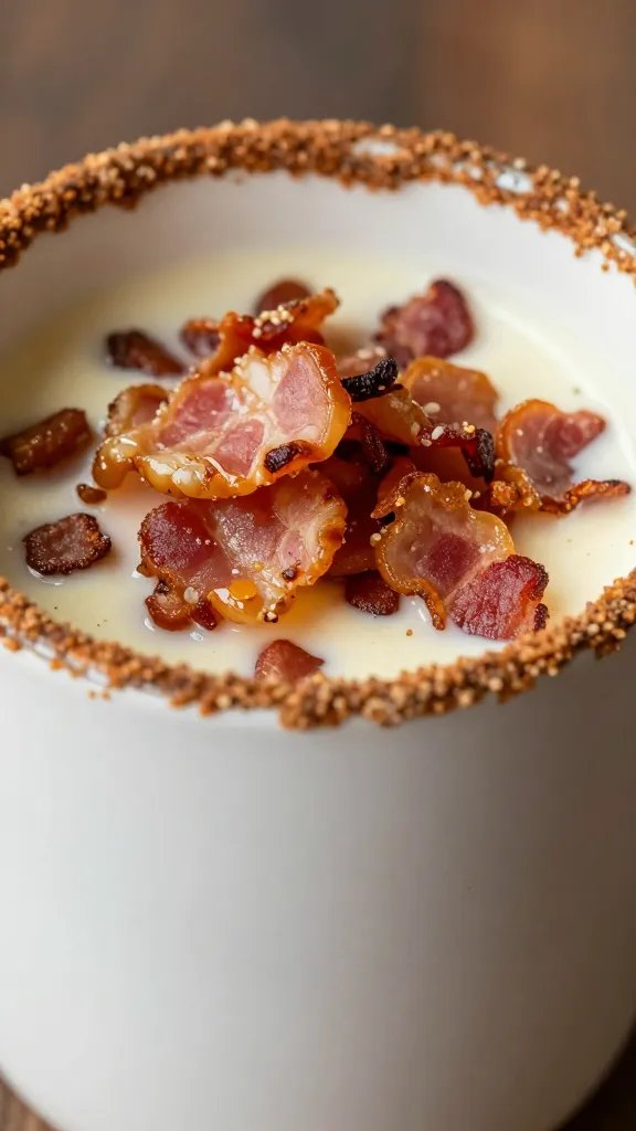Closeup: single cinnamon-sugar rimmed mug with bacon bits garnish