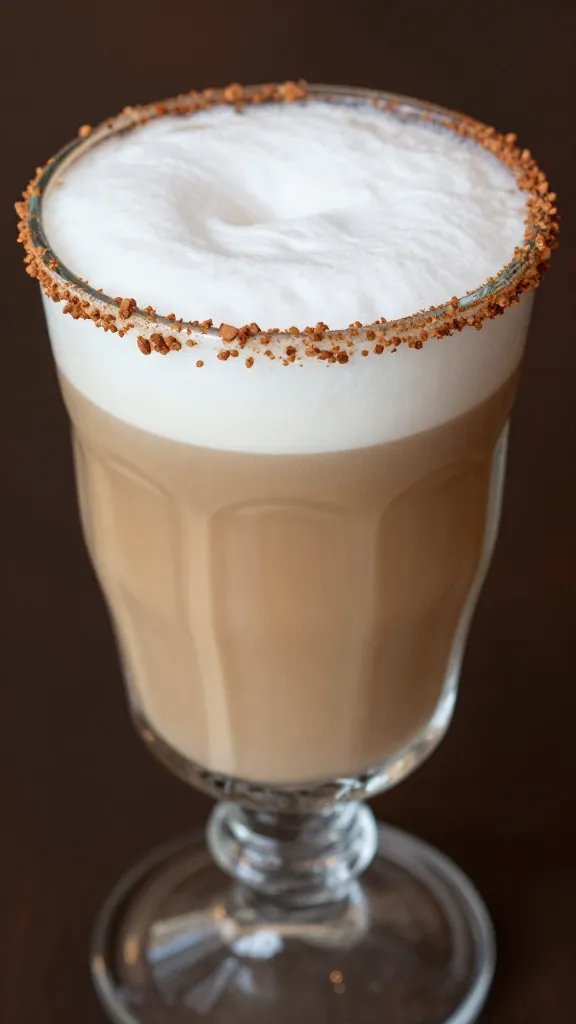 Closeup of a frosted glass Horchata Latte with cinnamon rim