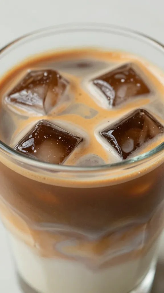 Closeup of a single espresso shot atop iced Horchata base