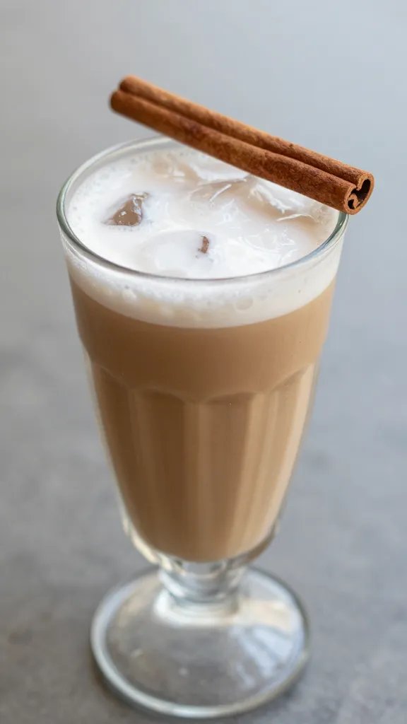 Closeup of a tall glass of iced Horchata latte with cinnamon stick garnish