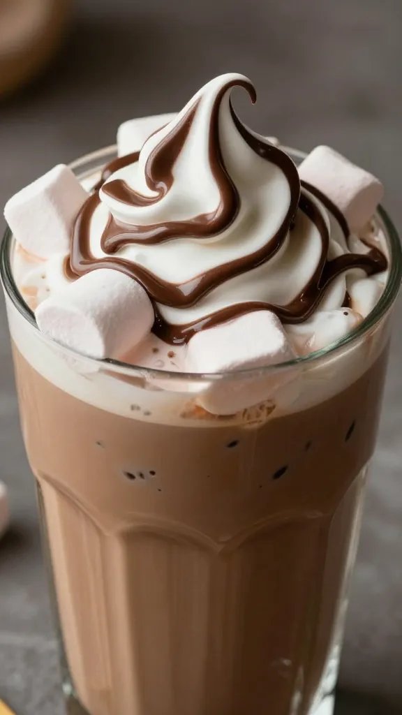 Closeup of a glass with chocolate marshmallow swirl iced mocha, glossy surface