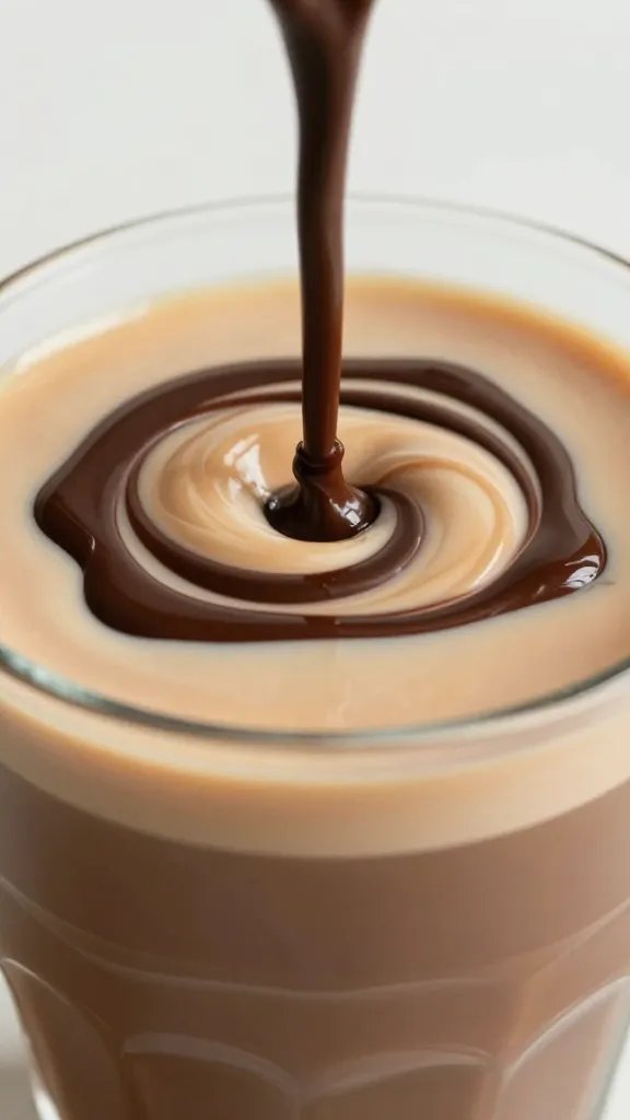 Closeup of rich chocolate drizzle swirling into creamy coffee in glass