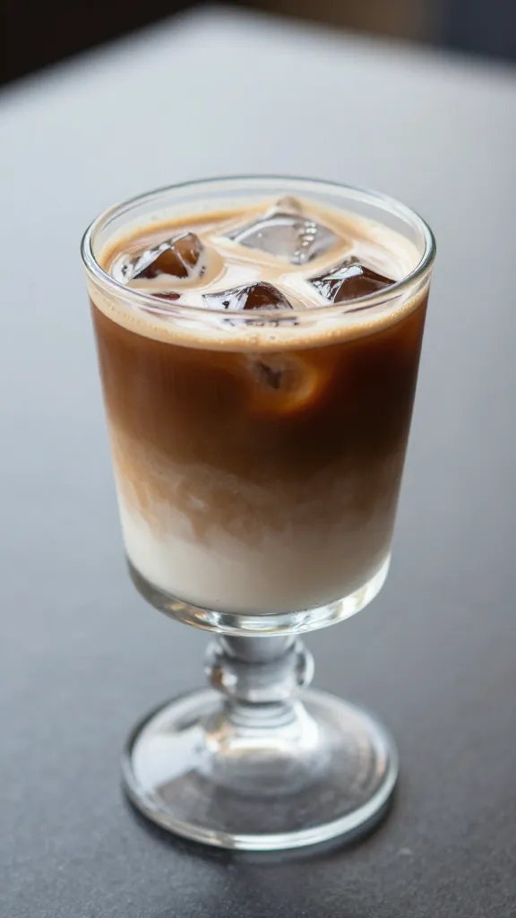 Closeup of a single mini iced mocha frappé on a glass pedestal